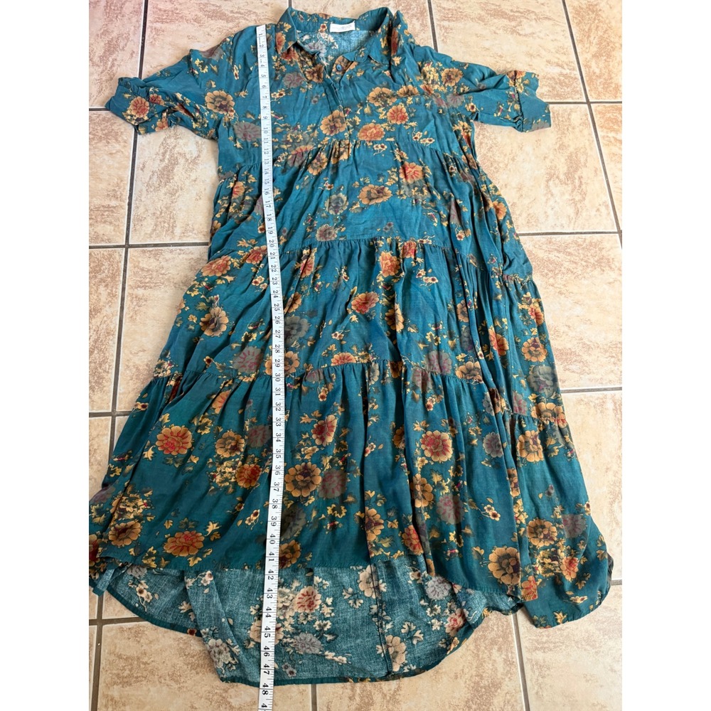 Natural Life Teal Floral Tiered Rebecca Midi Dress Large Rayon Boho Puff Sleeve - Picture 9 of 9